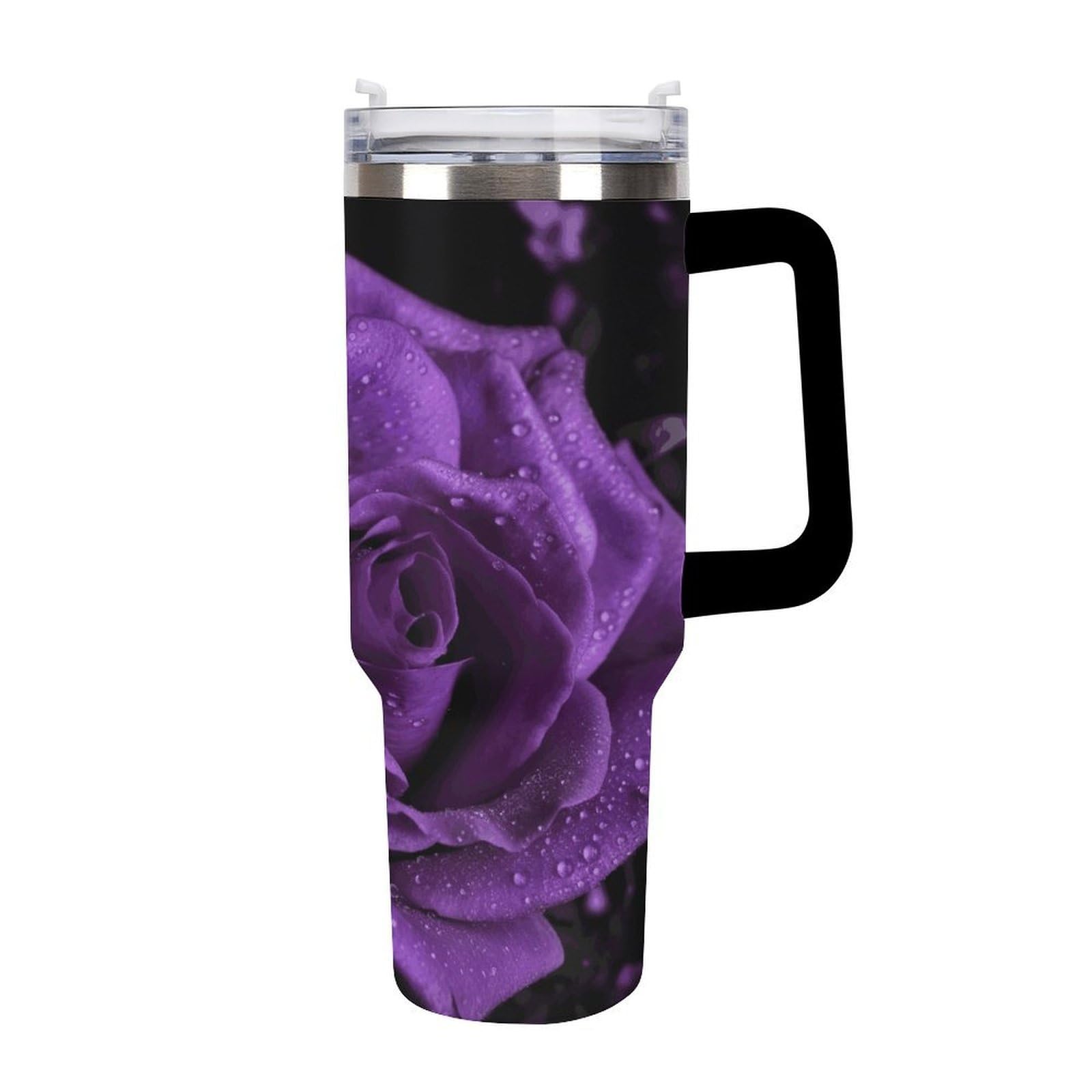 Tazas de rosa morada con popote y asa, taza de café con aislamiento al vacío de doble pared, botellas de agua para café helado, té, bebida caliente y fría
