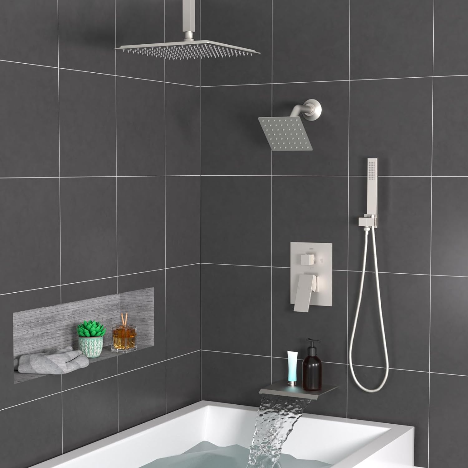 ENGA Dual Shower Head System with Tub Spout, Ceiling Mount 12 Inch Shower Head with 6 Inch Wall Mount Shower Head Shower Faucet Set, Brushed Nickel