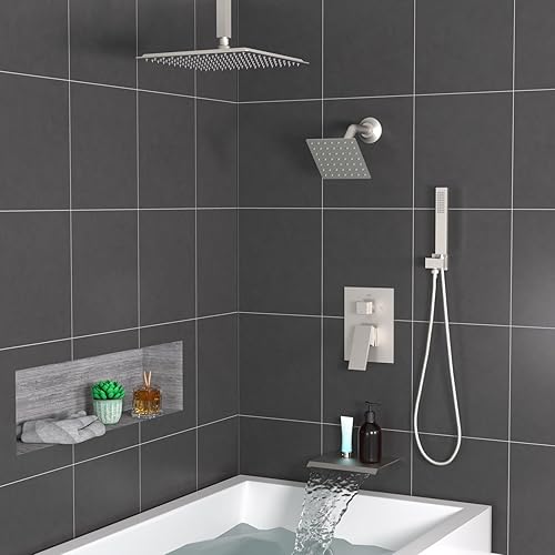 Miniatura 37 de Enga Sistema de ducha de lluvia de oro cepillado con chorros corporales, sistema de chorros de ducha de lluvia de 12 pulgadas, juego de grifo de Oro