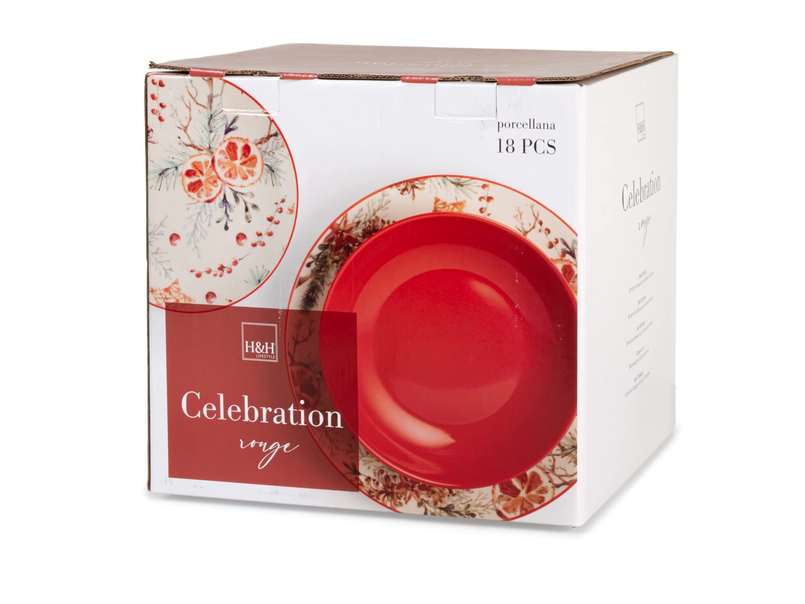 H&H Vaisselle 18 Pièces Celebration en porcelaine décorée Rouge