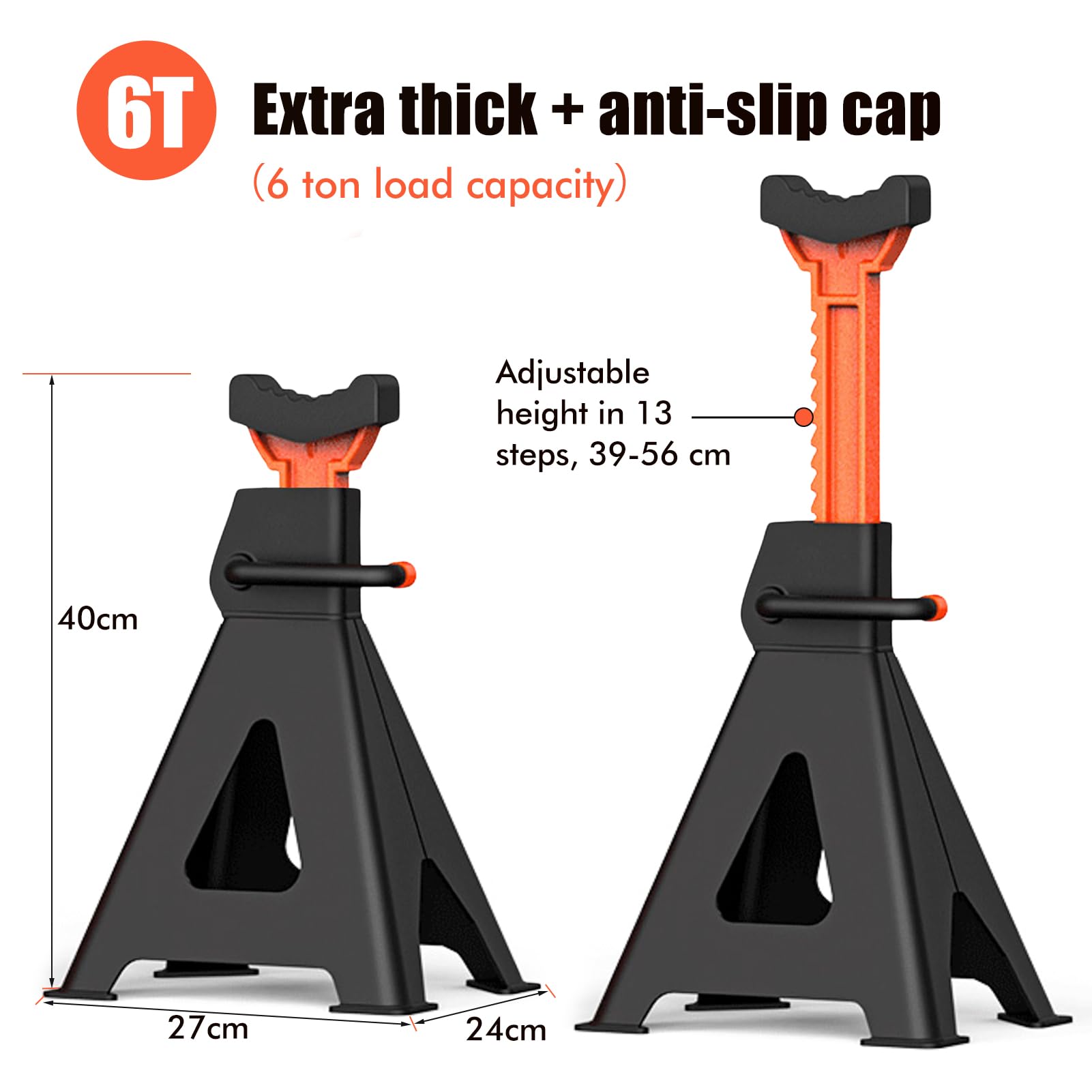 2 caballete de 6T para gato hidráulico, 13 niveles de altura regulable de 39 a 56 cm, con protección de goma y pasador de seguridad, herramienta de elevación de hierro fundido resistente para