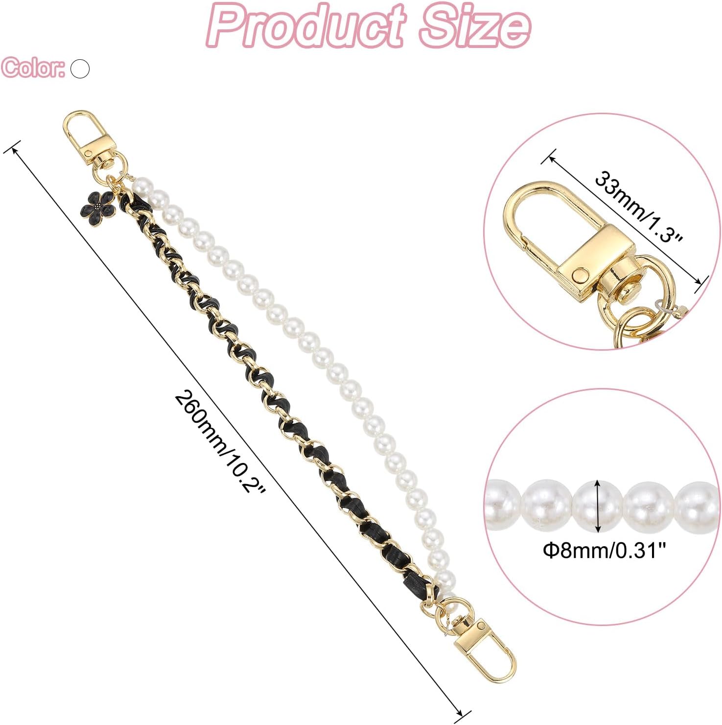 uxcell 2Pcs 10.2'' Pearl Purse Double Chain, Metal Purse Extender Chain, PU Leather Handle Replace Chain, Purse Handles Chain Wrist for Handbag, Mobile Case(Black/White, Gold Chain) - Image 2