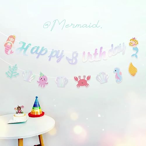Miniatura 4 de Cartel de Feliz Cumpleaños Princesa Sirena Linda Decoración de Fiesta de Dibujos Animados Suministros Baby Shower Suministros Concha Mar Playa Pulpo
