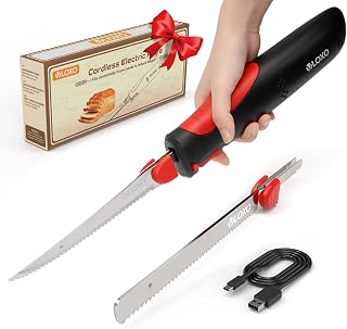 VLOXO Cordless Electric Carving Knife - Rechargeable Meat Slicer with 2 Stainless Blades, Safety Lock, Ergonomic Handle for Turkey Steak Bread Fish