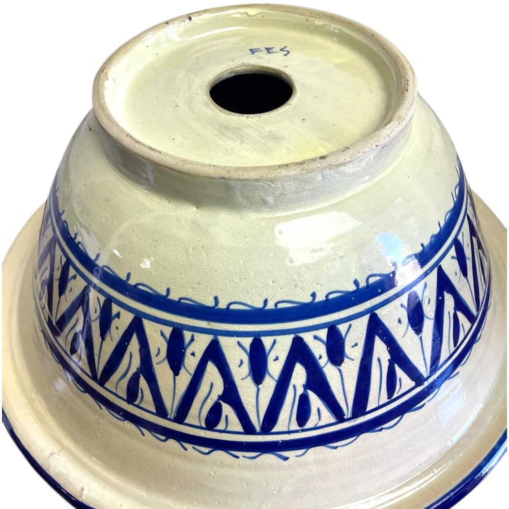 Lavabo Marocchino in Ceramica, Dipinto a Mano, Fes, 40 cm, Blu e Bianco, Motivo Orientale