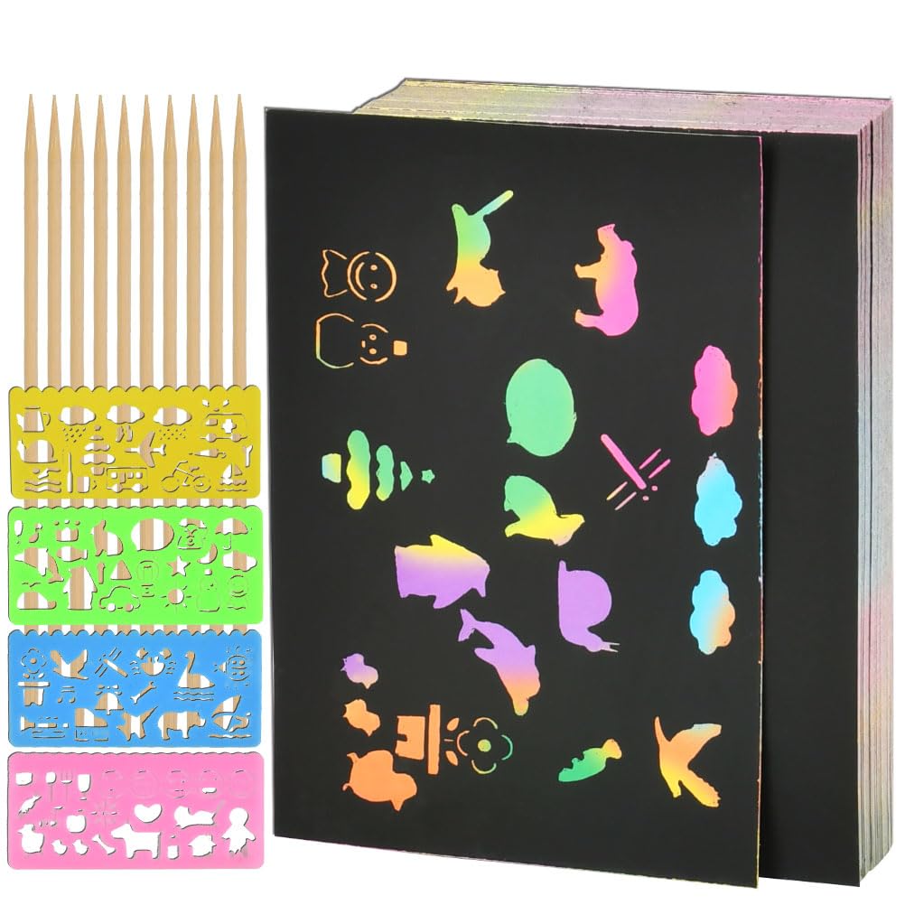 100 Feuilles de Dessin à Gratter Scratch Art Paper, Artisanat, 4 Modèles de Dessin et 10 Crayons en Bois, Couleurs Arc-en-Ciel