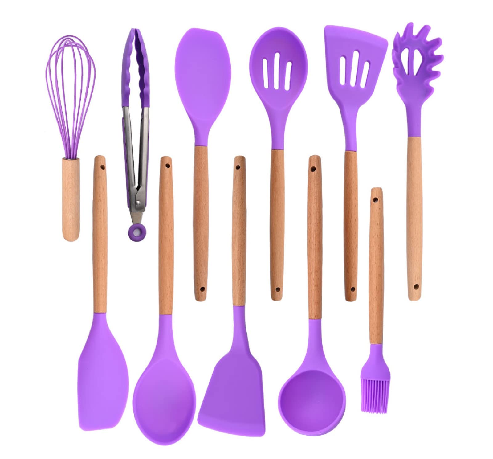 GTHTUHFD Cooking Spatulas And Spoons,Spoon Setcooking Utensils Set Silicone Kitchen Utensil Nonstick Cooking Utensils Wooden Handle Cookware Baking Gadget Set,Purple 11pcs