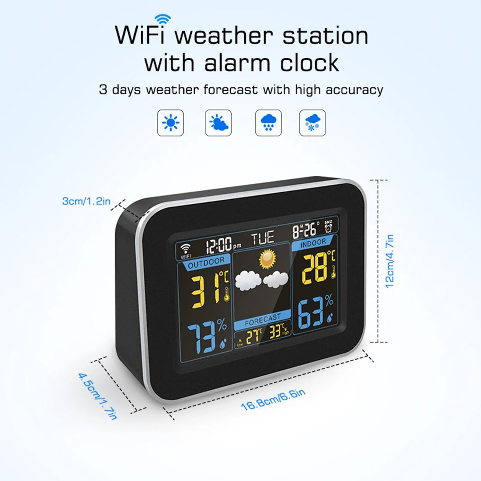 Stacja Pogodowa, Wi-Fi Stacja pogodowa Zegar Kontrola aplikacji Cyfrowy wewnętrzny monitor temperatury i wilgotności na zewnątrz, kolorowy budzik Kalendarz Weath(Wit)