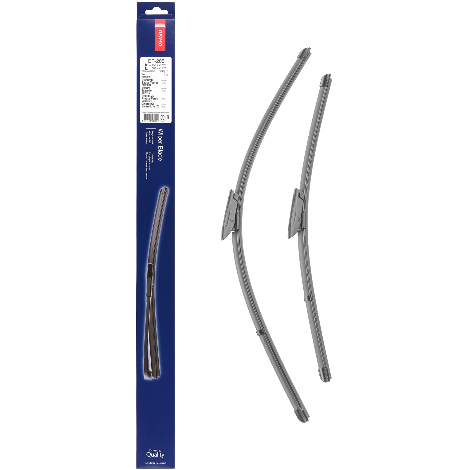 Kit de Escobillas Limpiaparabrisas Planas DENSO (DF-205), 2 Unidades 650/500mm – Vehículos con volante a derecha – Silenciosas y Duraderas con Diseño Aerodinámico – Escobillas Limpiaparabrisas OEM
