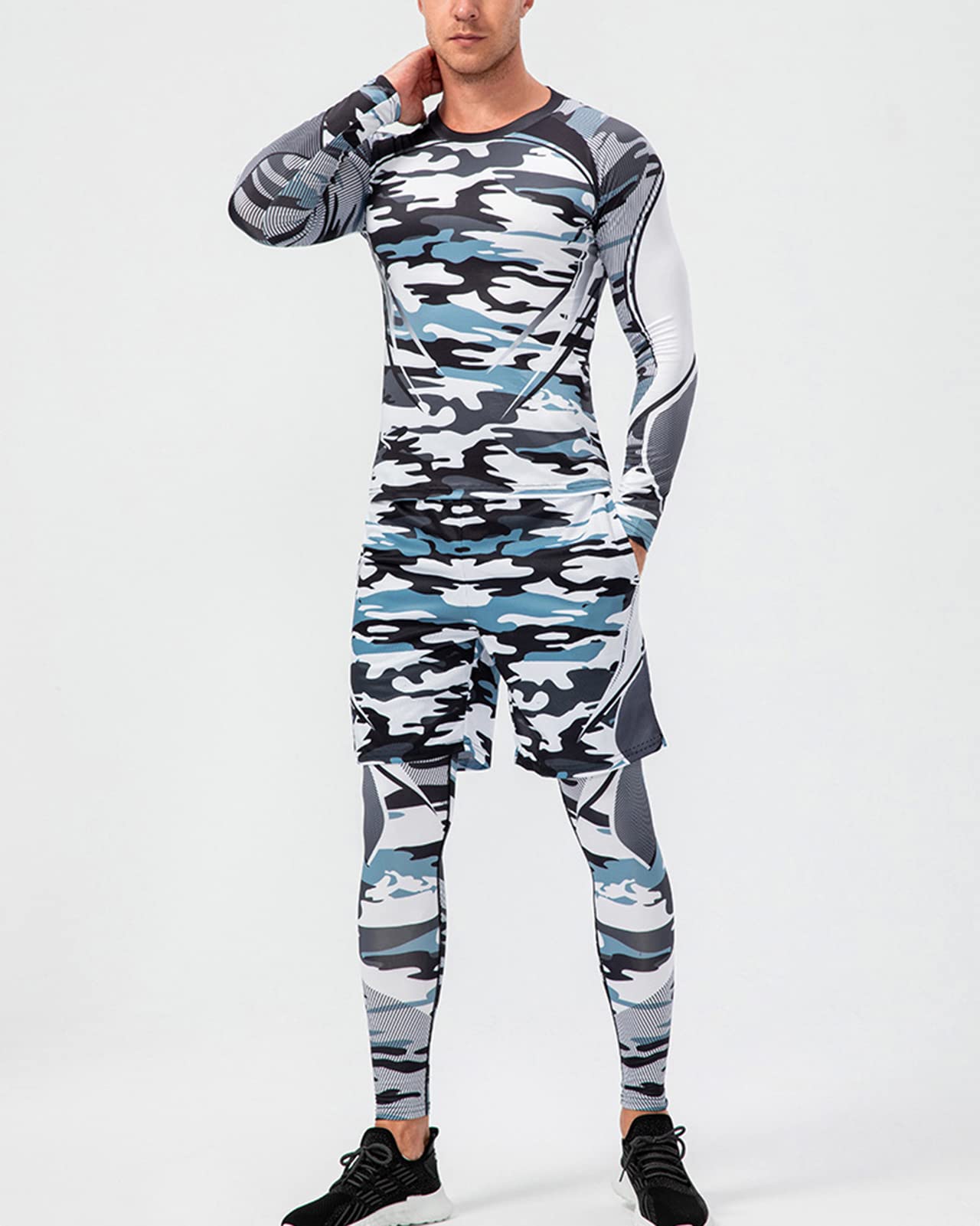 Uomo 3 Pezzi Completi Sportivi Abbigliamento Tuta da Fitness Manica Lunga Camicie a Compressione Pantaloni a Compressione Pantaloncini per Corsa Fitness Jogging Palestra Ciclismo
