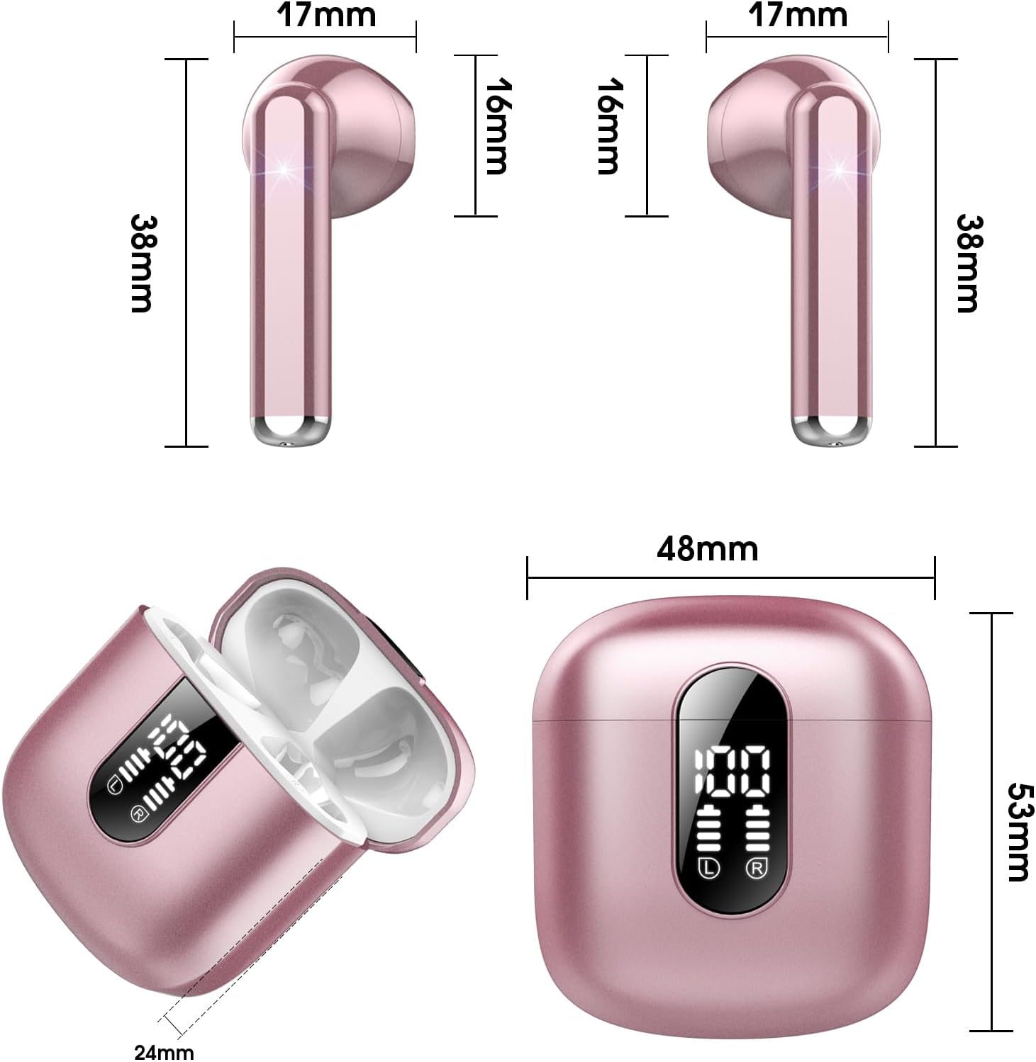 Wireless Earbuds, Bluetooth 5.3 Headphones HiFi Stereo, Mini in-Ear Bluetooth Earbuds, Wireless Earphones with 4 ENC Noise Cancelling Mic, IP7 Waterproof, LED Display, Touch Control Ear Buds,Rose Gold - Image 8