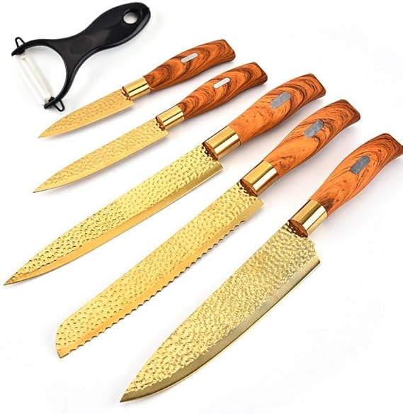 Set de Cuchillos de Cocina 6 Piezas Acero Inoxidable Chapado en Oro