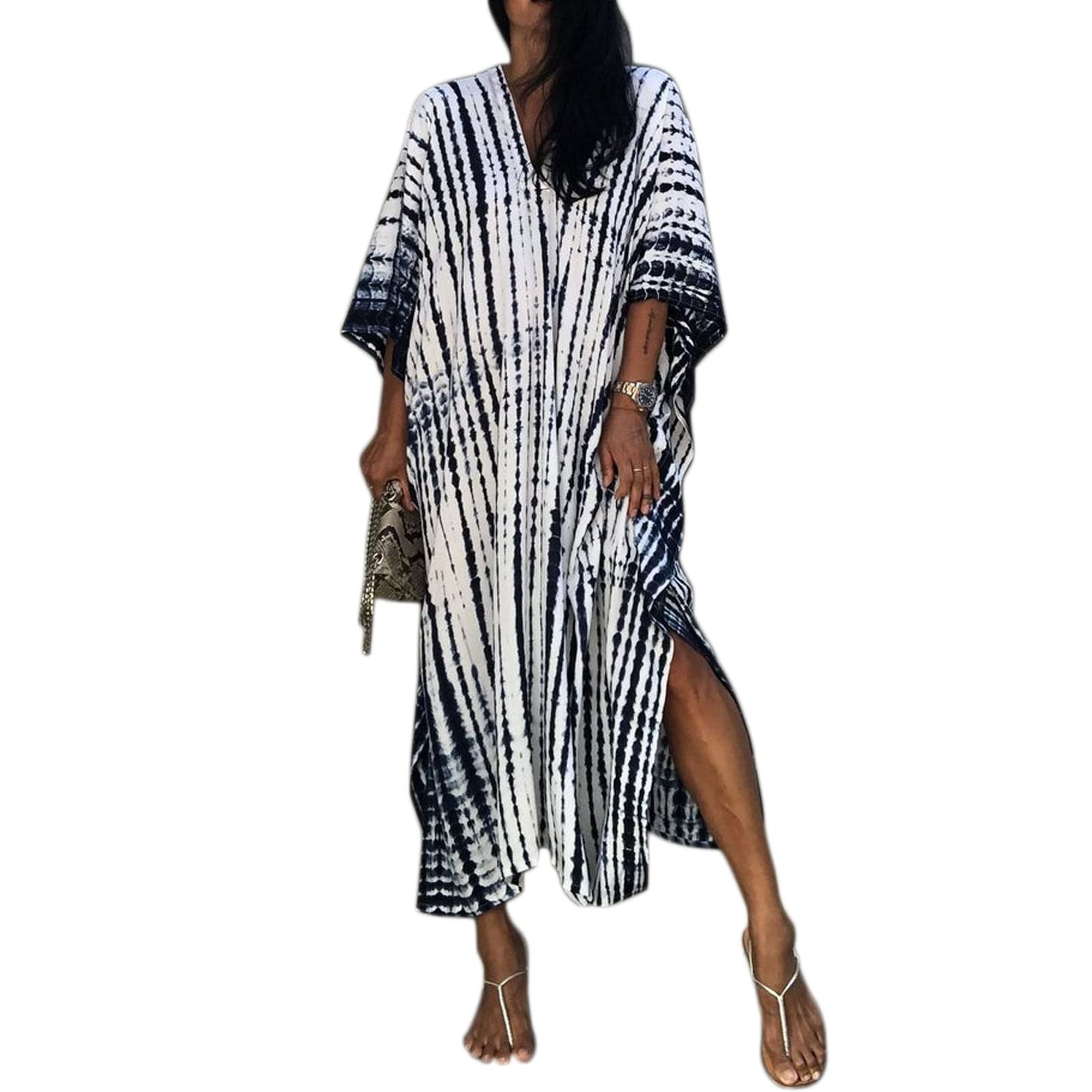 BaynetinWomen Kaftan Dress,Free Size Loose Long Caftans Short Sleeve Tunic Kimono Everyday Swimwear Beach Bathing Suit Cover Ups Loungewear Robes