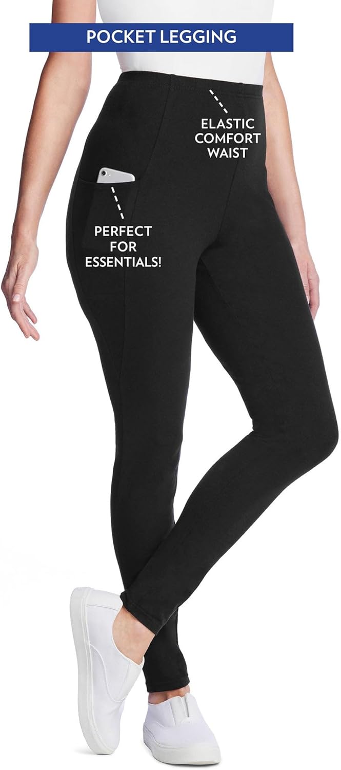 Woman Within Plus Size Petite Stretch-Cotton Knit Pull-On Pocket Leggings
