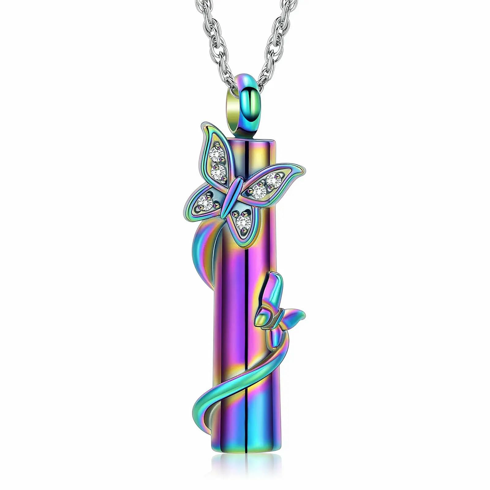 Bijou funéraire cylindrique papillon pour cendres, pendentif urne en acier