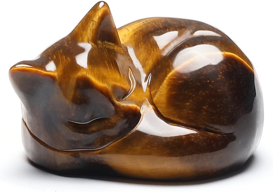 Tiger Eye Sleeping Cat Crystal Figurine,1.6" Natural Stone Polished Carved Gemstones Lucky Kitten Statue Sculpture Home Office Desk Decor Cat Gifts for Women Cat Lovers