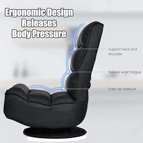 Miniatura 5 de Giantex Silla giratoria de 360 grados, silla plegable para juegos de piso con 6 posiciones ajustables, sofá perezoso con soporte trasero copetudo,
