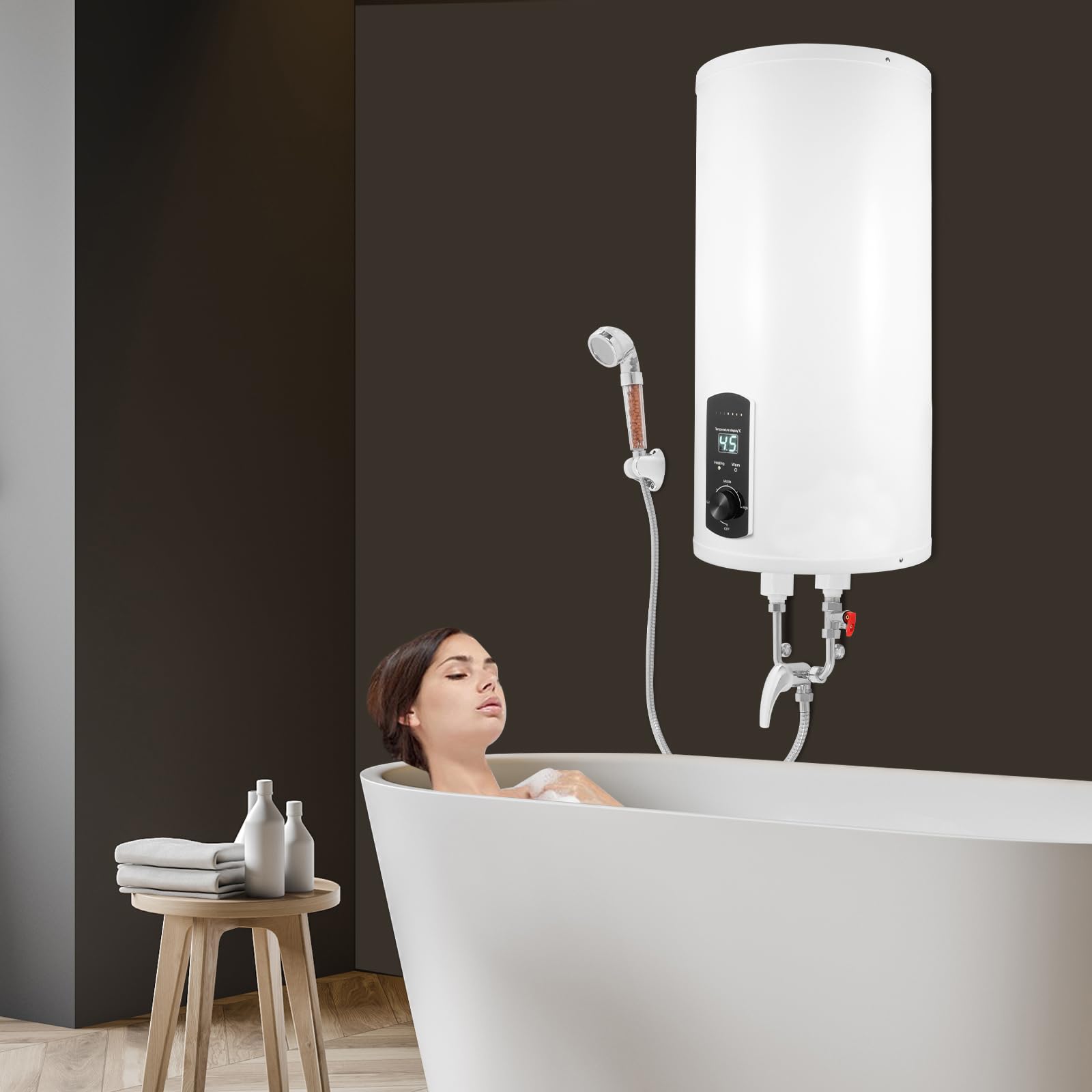 Scaldabagno Elettrico Verticale 80L Schermo Digitale 2000W Parete | 2000 W, IPX4, viene fornito con doccetta e rubinetto, installazione a parete - cucina, bagno, caravan, casa.