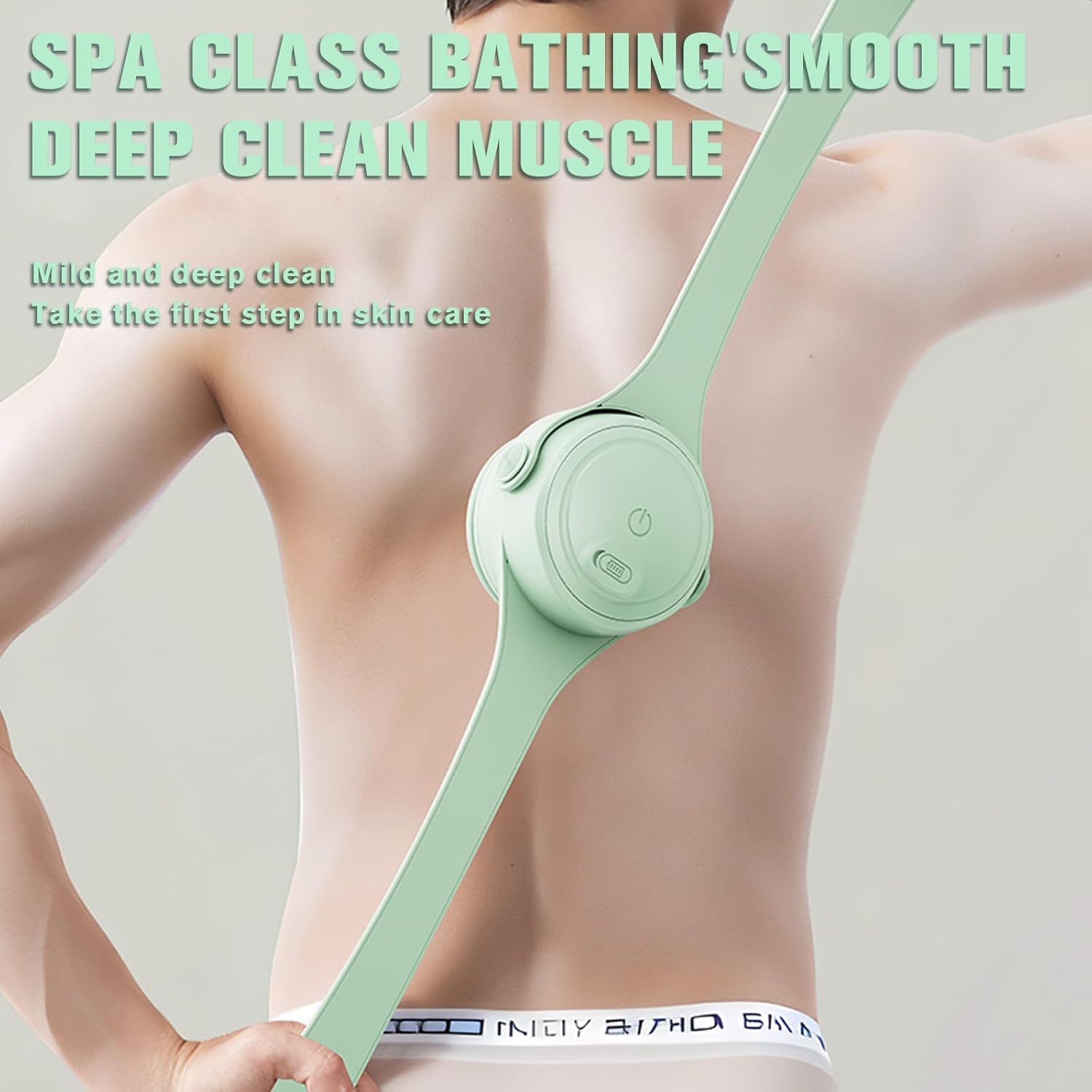 Electric Body Brush Back Scrubber for Shower, Waterproof Long Double-Handled Four-Head Electric Body Scrubber, Rechargeable Bath Brush, for Cleaning, Exfoliation and Skin Massage (Mint Green) - Image 5