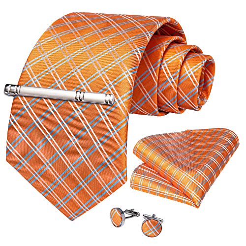 Image of DiBanGu Plaid Ties for Men Silk Checkered Necktie and Pocket Square Cufflinks Tie Clip Set with Gift Box for Wedding Business