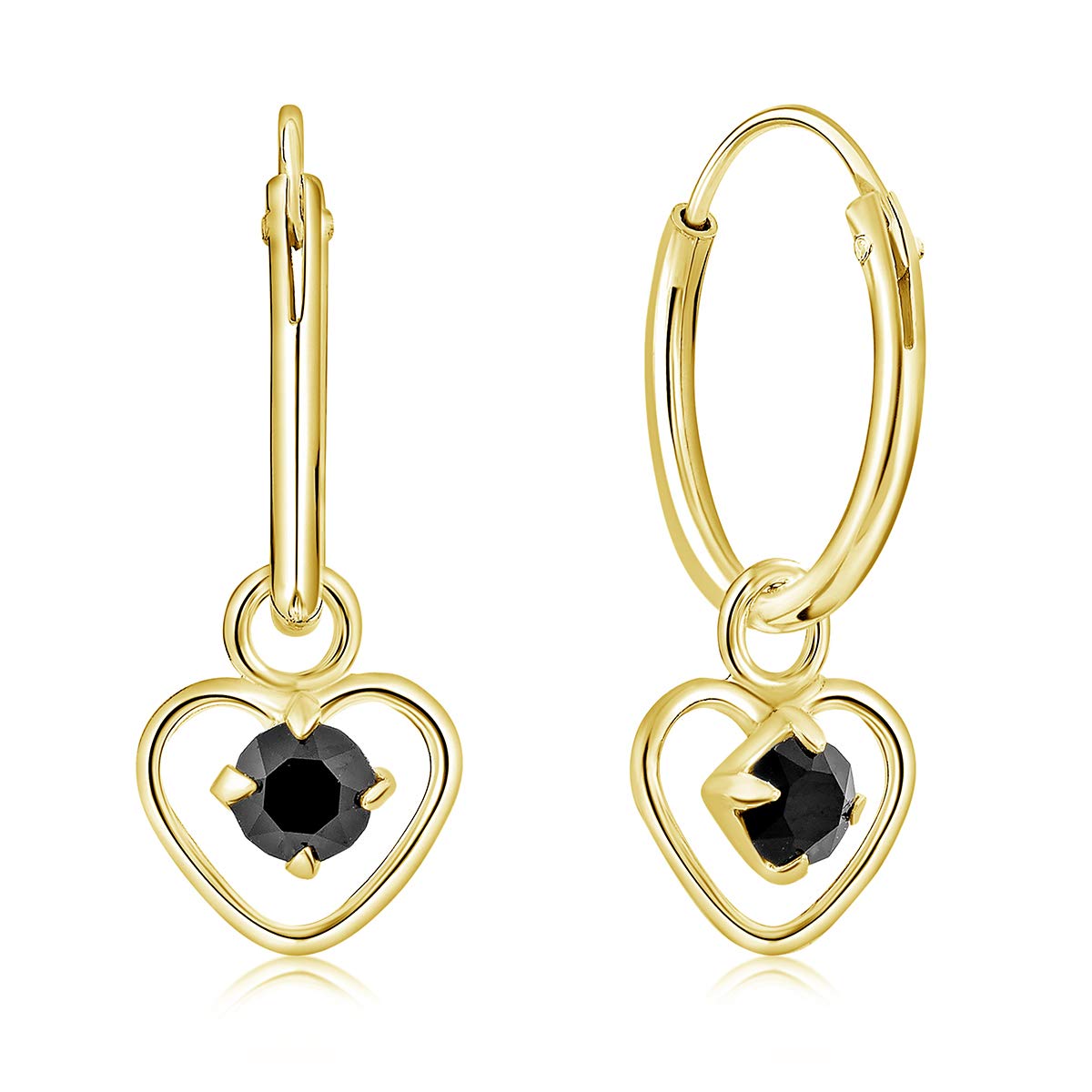 DTPsilver® KLEINE Creolen Ohrringe 925 Sterling Silber Gelb Vergoldet mit 3 mm Swarovski® Elements Kristall - Herzform - Mädchen - Dicke 1.5 mm - Durchmesser 14 mm - Viele Farben erhältlich