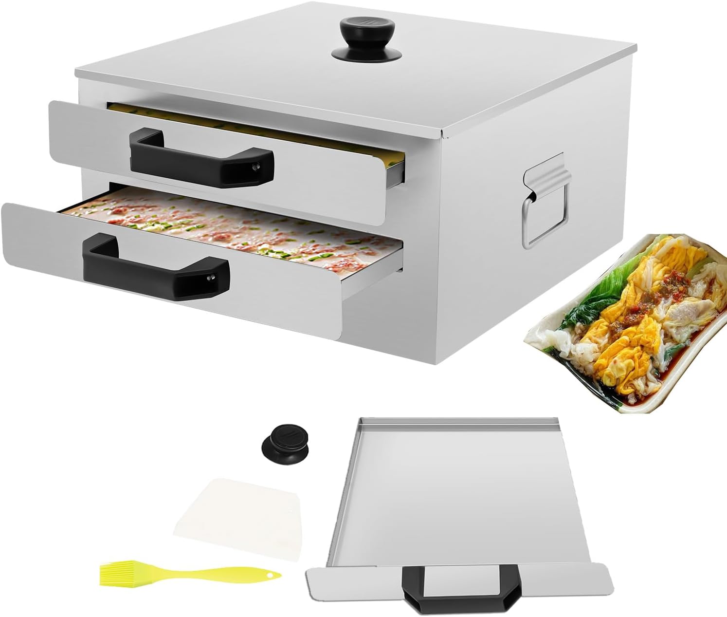 2-Layer Rice Noodle Roll Steamer, Cantonese Rice Noodle Rolls Machine Rice-Milk Furnace Cooking Top Open Steamed Vermicelli Roll Steamer with Scraper for Home Breakfast Shops Snack Bar