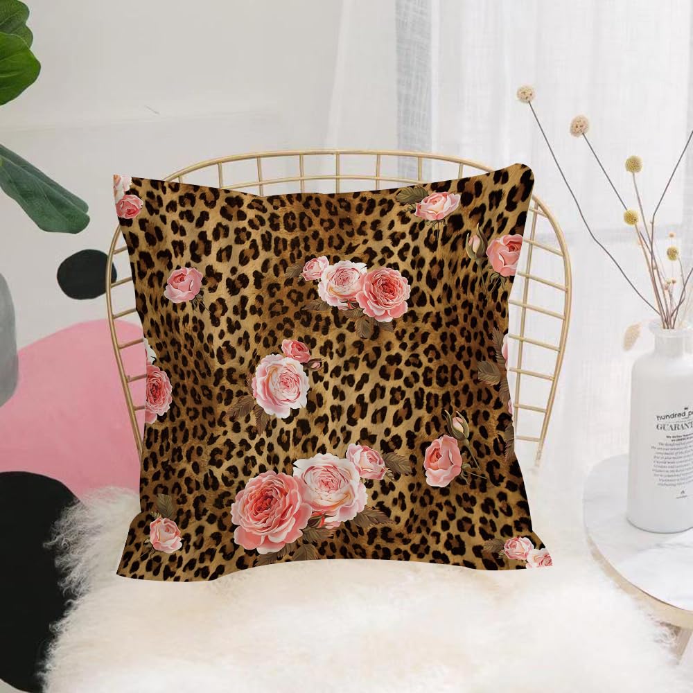 HYOSXW Cushion Cover,Throw Pillow Case Home Decorative for Living Room Bedroom Sofa Chair 16X16 Inch,Leopard Flower Cute Pink Pink Mix Wild Animal Leopard Creative Modern Art,Pillowcase 40X40cm