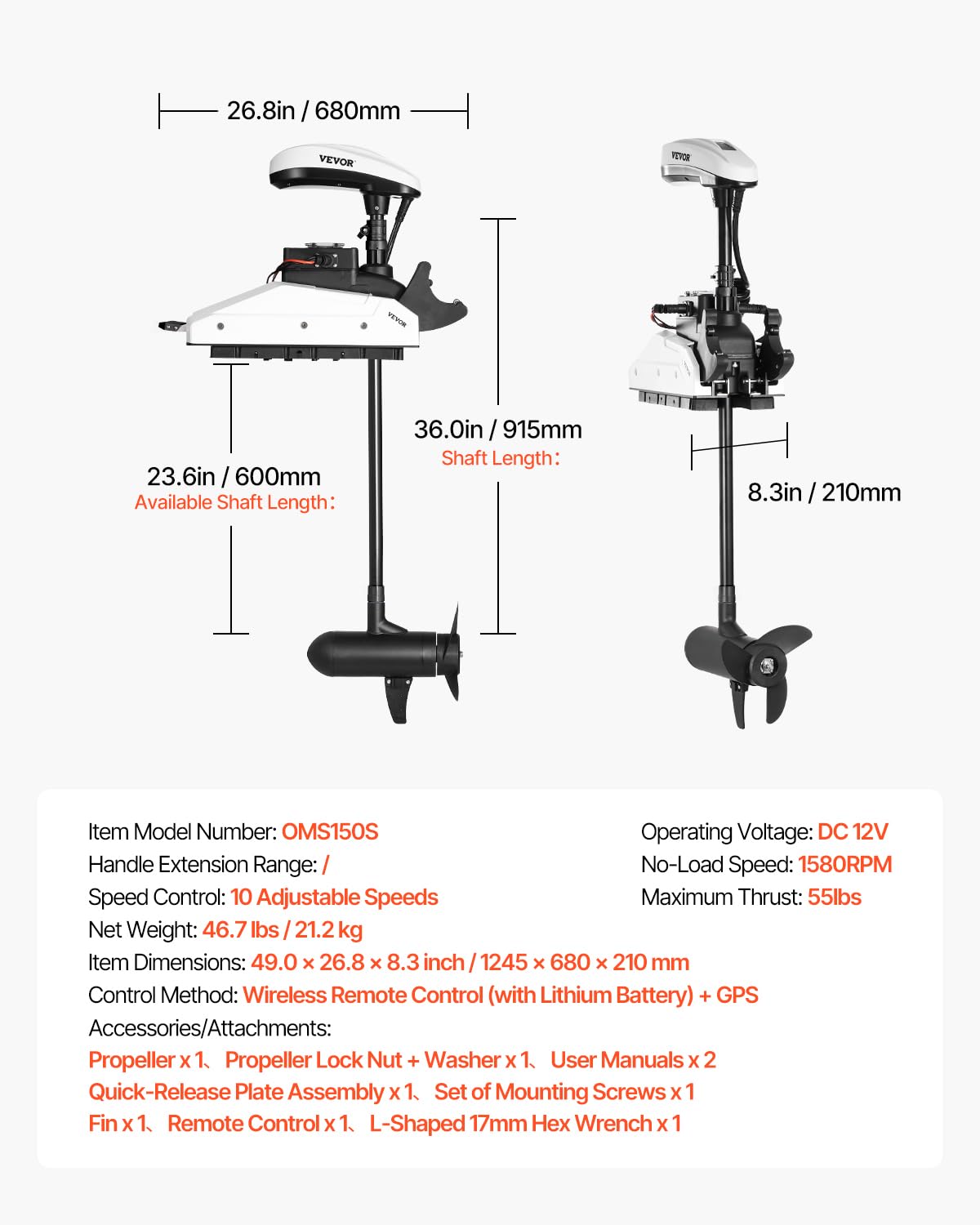 VEVOR Motore per Barca da Traina, Spinta 25 kg, Motore Fuoribordo Elettrico 12 V con GPS, Albero 915 mm, 10 Velocità, Telecomando, Indicatore Batteria LCD, per Kayak, Acqua Dolce Salata
