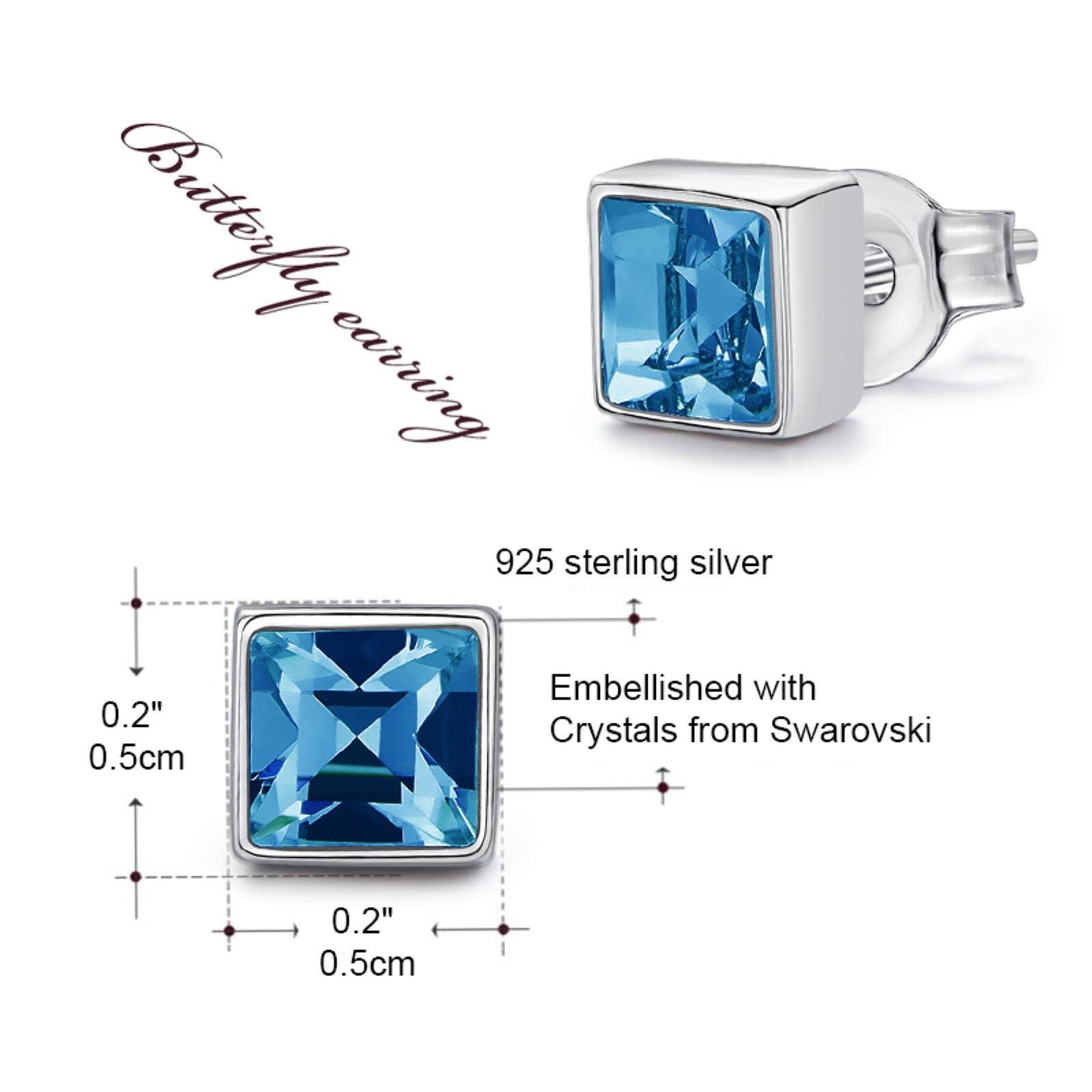 Orecchini a Bottone Orecchini in Argento Sterling 925 con Orecchini di Cristallo Blu Quadrati per Le Donne-Black Diamond