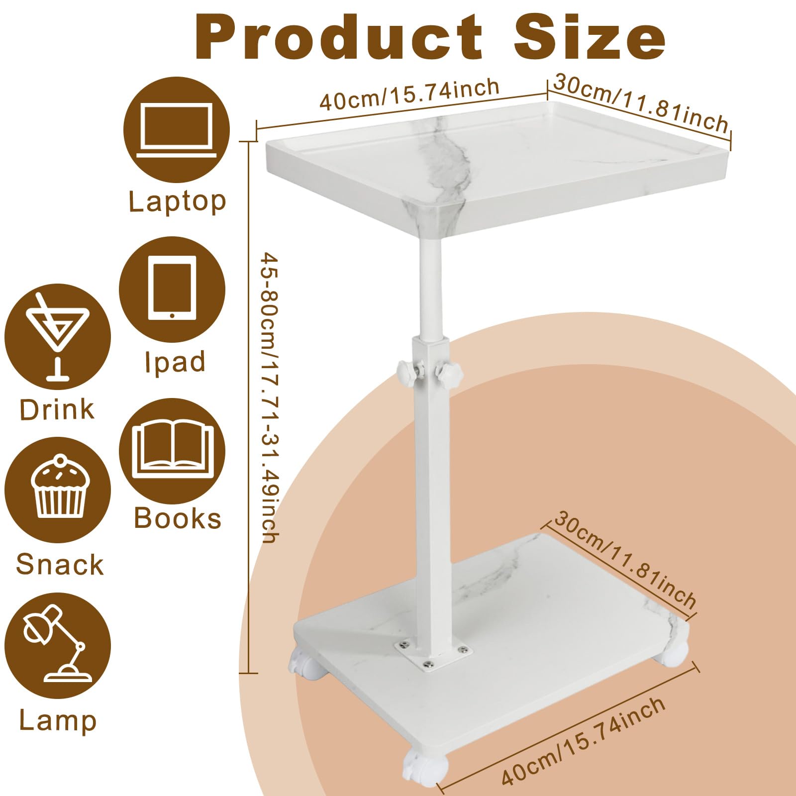 XUDREZ Mesa auxiliar ajustable, mesa pequeña en forma de C con 4 ruedas, bandeja giratoria de 364°, mesa auxiliar para sala de estar, dormitorio, sofá, espacios pequeños