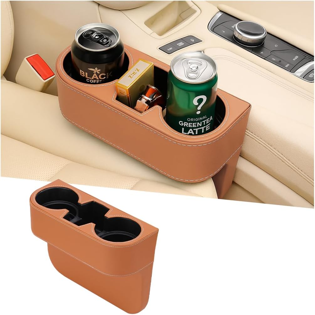 Car Seat Gap Filler Organizer with Cup Holder, Leather Multifunctional Vehicle Front Seat Crevice Storage Box Bag, Automotive Console Side Bucket Pocket, Universal Fit (Black)