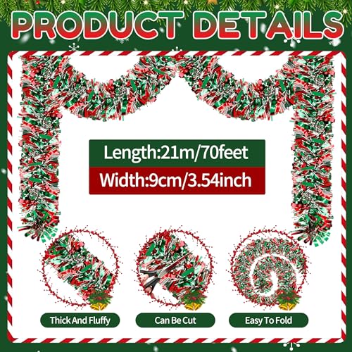 Image of 70 Ft Christmas Tinsel Garland Metallic Tinsel Twist Garland Glitter Christmas Tree Hanging Decorations New Year Party Birthday Holiday Indoor Outdoor Supplies (Mix 1)