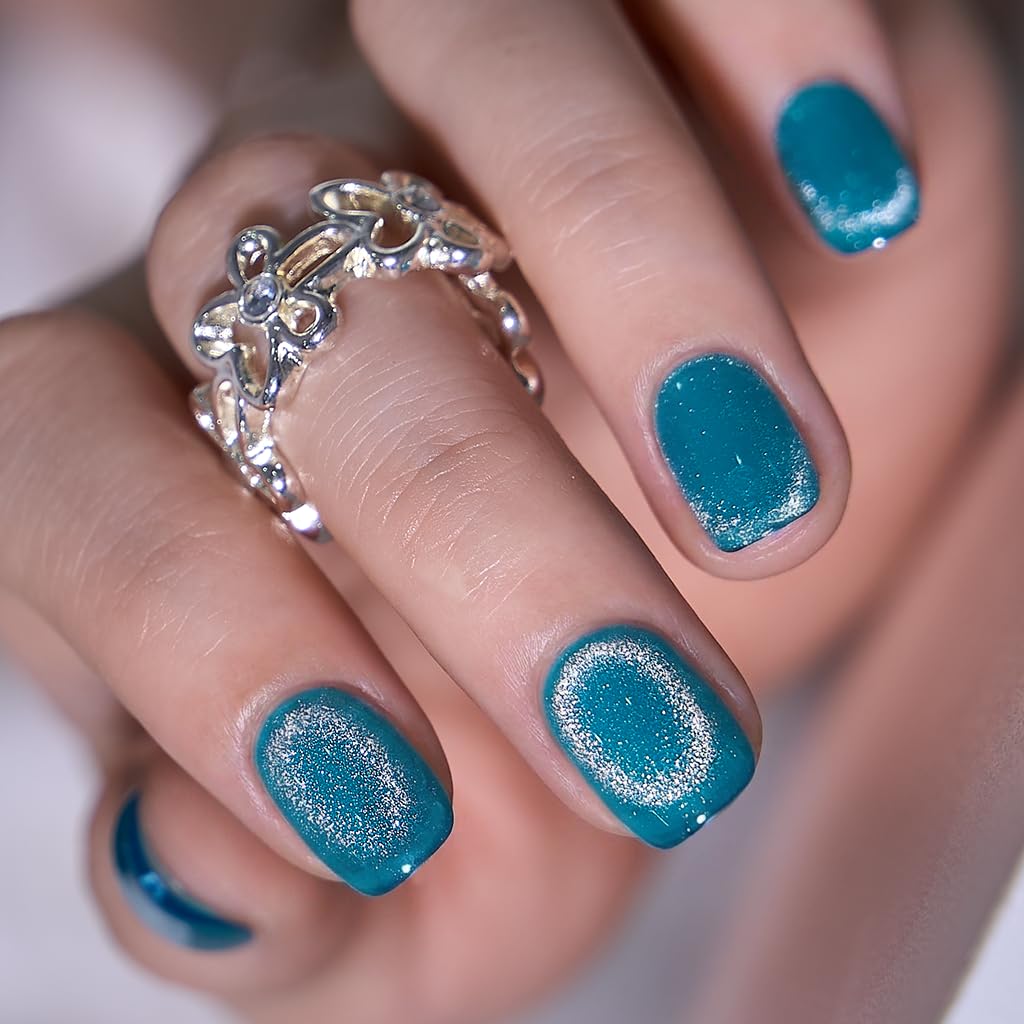 CurvLife Jelly Glaze Extra Short Square Press On Nails, Blue Emerald Tide