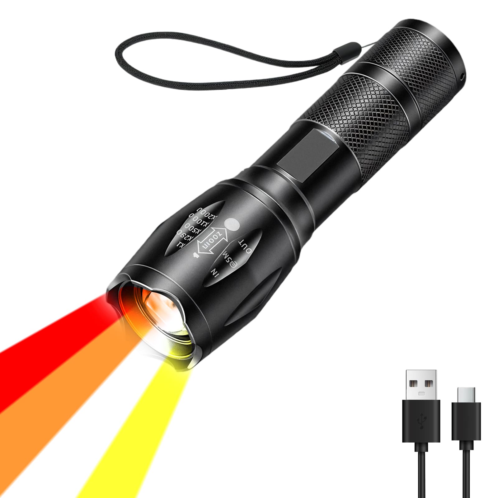 Akumulator Latarka LED 4 w 1, wielokolorowa latarka LED (biała, czerwona, żółta, pomarańczowa), Zoomable, wodoodporna, potężna mała latarka do obserwacji, nocnego wędkowania i nagłych
