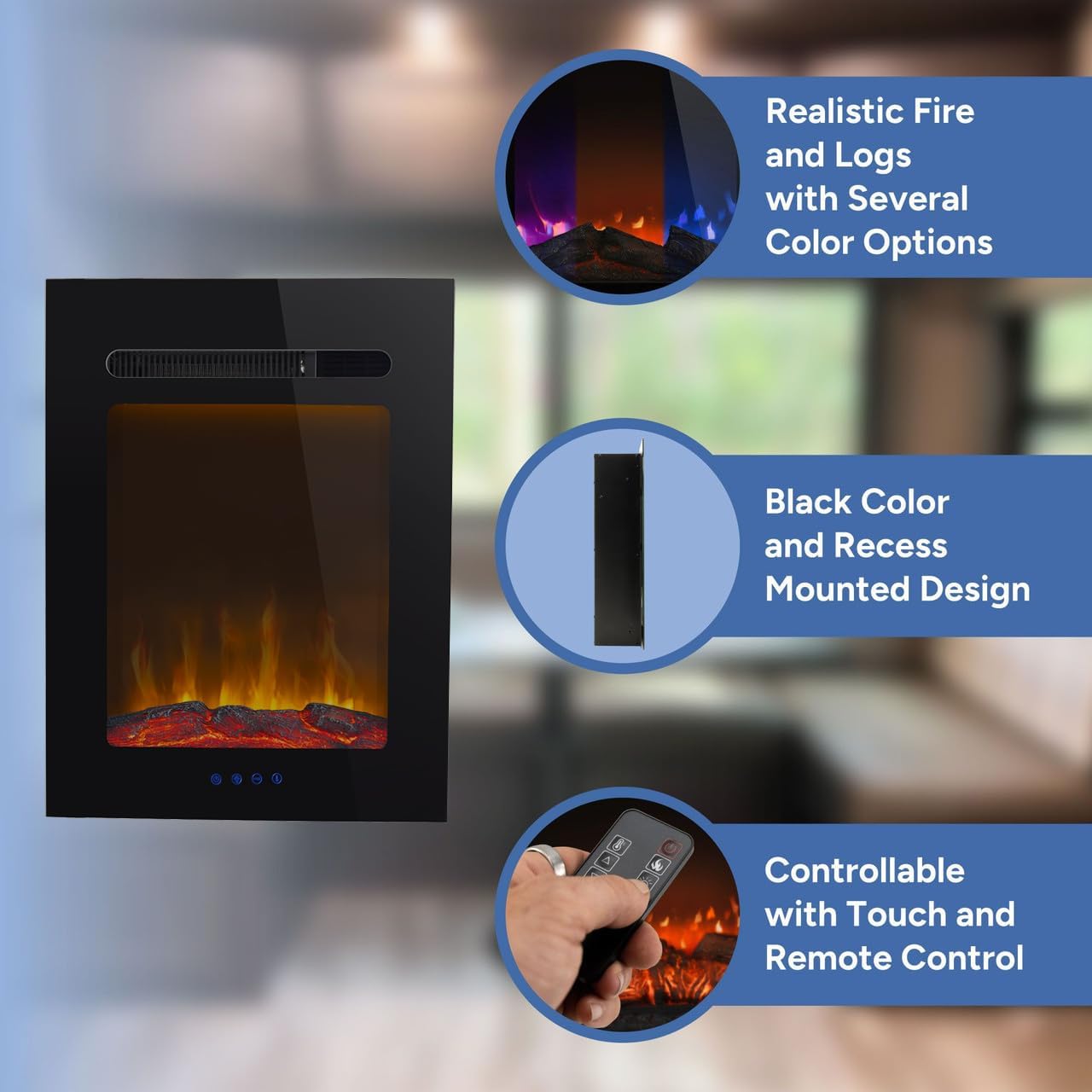 Diagram showing dimensions and wall cutout size for the RecPro RP-FP-18L 18-inch RV Electric Fireplace.