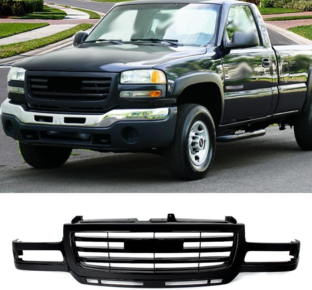 MIC Front Grille Grill Assembly Compatible with 2003-2006 GMC Sierra 2500 HD & 2007 GMC Sierra 2500 HD Classic & 2003-2006 GMC Sierra 3500 (Gloss Black)