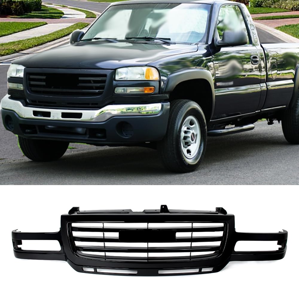 MIC Front Grille Grill Assembly Compatible with 2003-2006 GMC Sierra 2500 HD & 2007 GMC Sierra 2500 HD Classic & 2003-2006 GMC Sierra 3500 (Gloss Black)