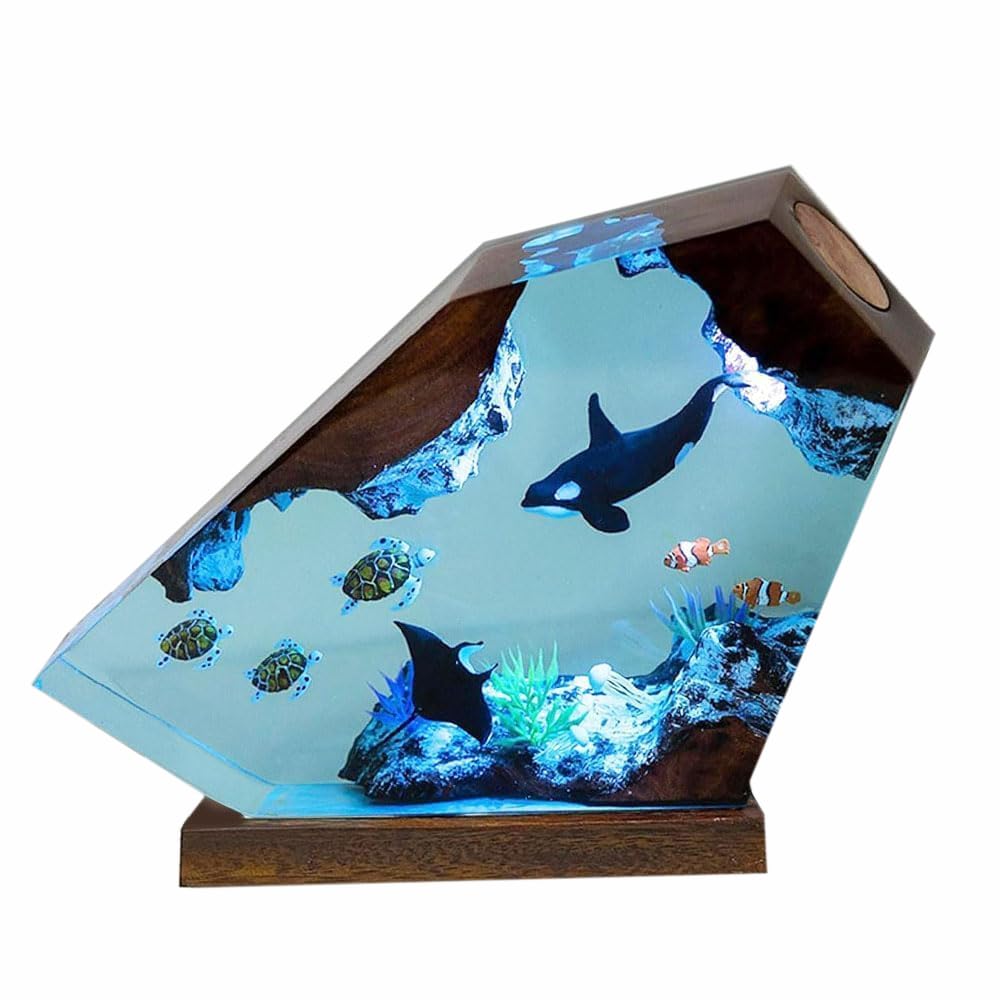 Orca Ocean Resin Lamp, Handmade Wooden Table Resin Night Light, USB Port Art Ornaments for Home Office Decor, Scuba Diver Gifts for Holiday, Unique
