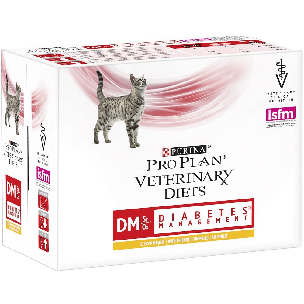 PURINA PRO PLAN Veterinary Diets DM Gestione del Diabete Pollo | 10 x 85 g | Alimento dietetico completo per gatti adulti in bustine monoporzione fresche | Per la riduzione del sovrappeso