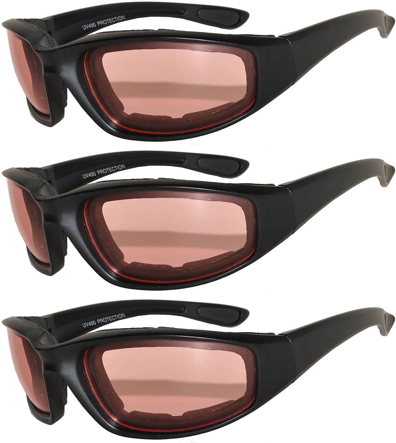 OWL 3 Pack Motorcycle Riding Glasses, Padded Sport Sunglasses, Assorted Colors for Men and Women
