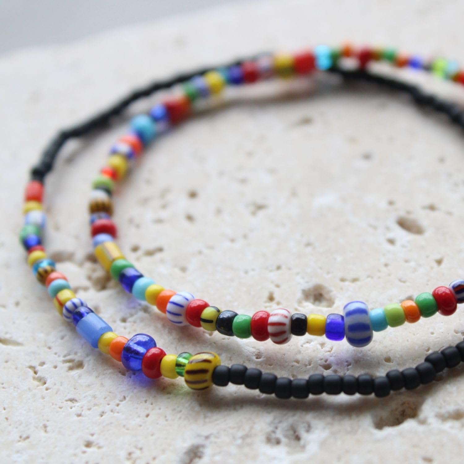 Multicolor Black Stretch Beaded Bracelet - Tiny African Glass Seed Beads