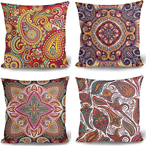 GLUDEAR Pack of 4 Decorative Pillow Covers Throw Pillow Cases Multicolor Red Teal Cream Paisley Floral Print Throw Pillow Covers Decorative 18x18 inches Cover