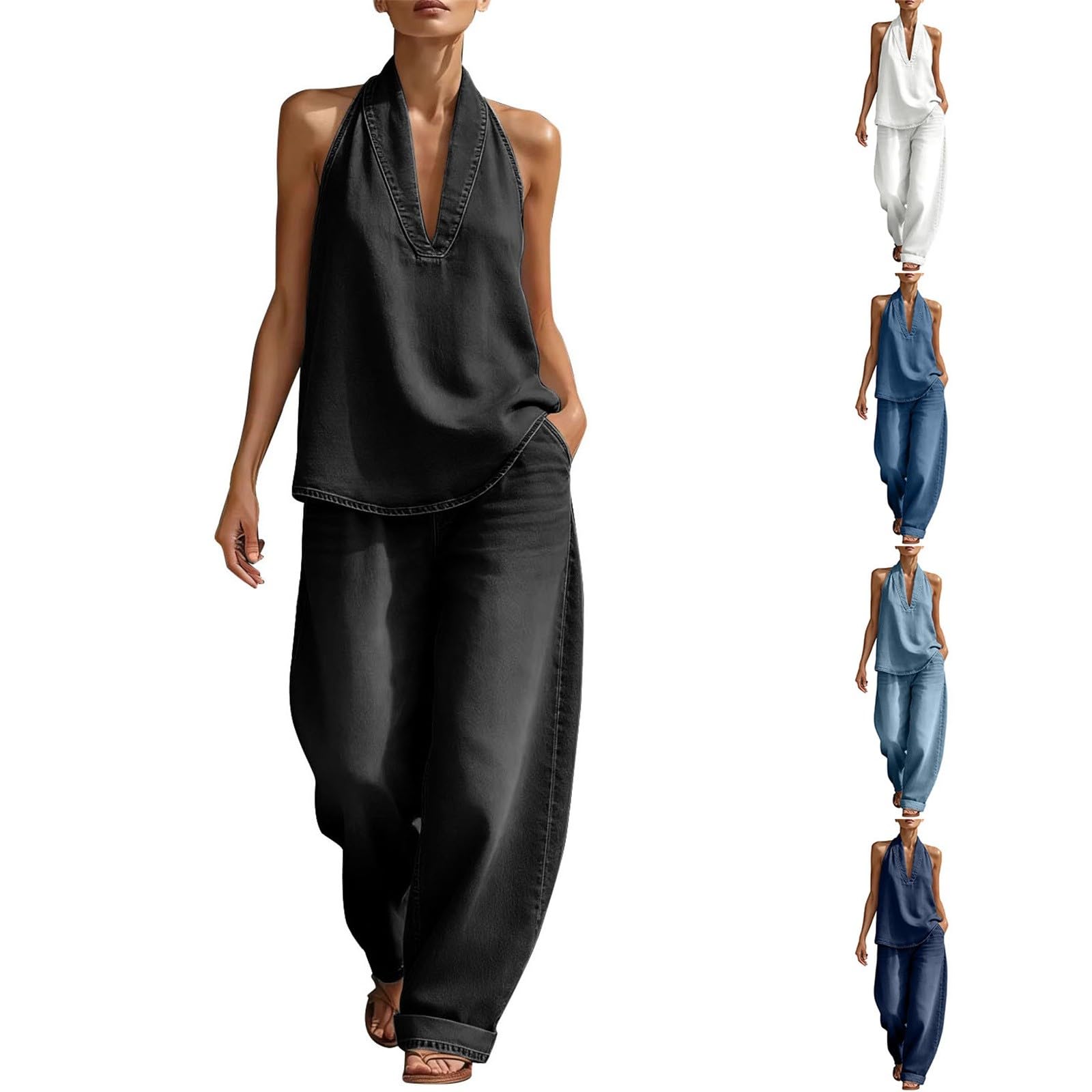 Tuta estiva da donna, due pezzi, allacciatura al collo, scollo a V, top in jeans, pantaloni larghi con risvolto, colletto con bottoni, set vintage estetico, elegante abbigliamento da salotto