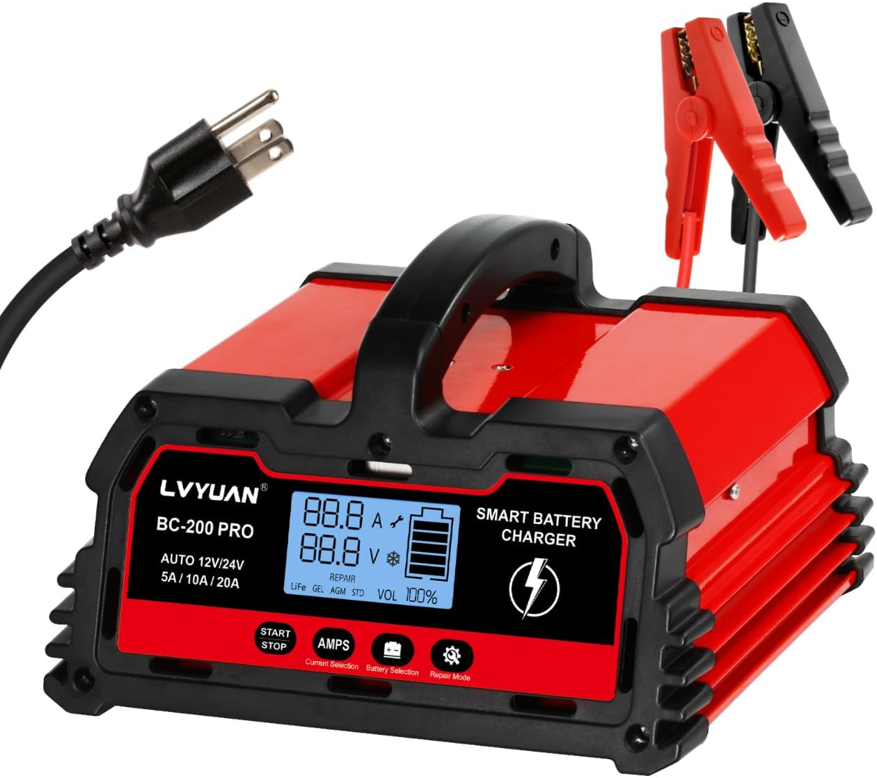 LVYUAN 12V/24V Car Battery Charger with Trickle Charger Automotive Smart Battery Charger, Smart Battery Maintainer, 5A/10A/20A for Car Truck Motorcycle, AGM, LiFePO4 Lithium and Lead Acid Batteries