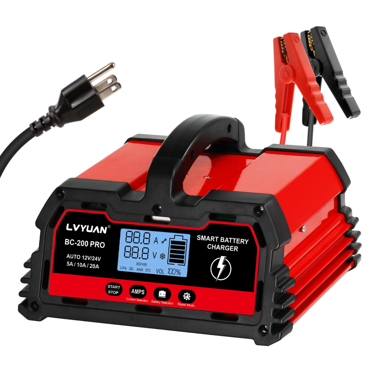 LVYUAN 12V/24V Car Battery Charger with Trickle Charger Automotive Smart Battery Charger, Smart Battery Maintainer, 5A/10A/20A for Car Truck Motorcycle, AGM, LiFePO4 Lithium and Lead Acid Batteries
