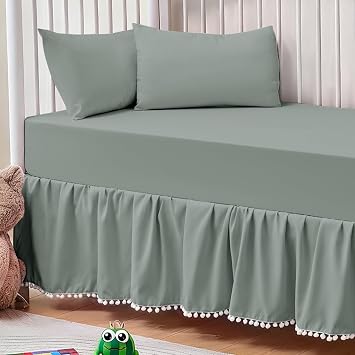 NSGZ Crib Bed Skirt for Grils Boys, 28 x 52 Inch Crib Skirt with Pompoms Dust Ruffles 14 Inch Drop, Soft Microfiber Nursery Toddler Decor Dust Ruffle Gray