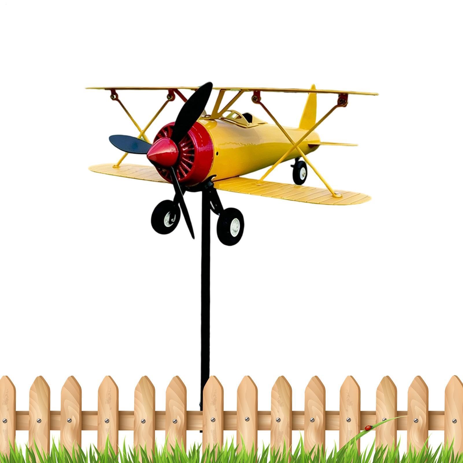 Airplane Windvane Decoration – Vintage Metal Biplane Windvane Model Decoration | Airplane Windmill Metal Windmill, Suitable for Patio Gardens, Terraces, Lawns, and Rooftops