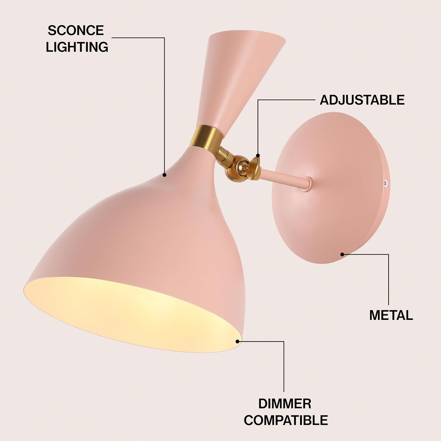 JONATHAN Y 10" Pink/Brass Gold Modern LED Wall Sconce, Retro Iron Lamp for Bedroom, Bathroom, Hallway, Adjustable Mid-Century Fixture with Black Iron Shade, LED (JYL9066E)