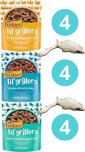 Miniatura 2 de Friskies Lil Grillers - Bolsas de comida húmeda para gatos, paquete variado de 3 sabores, paquete de 12 - Cortes chamuscados con pollo, pescado