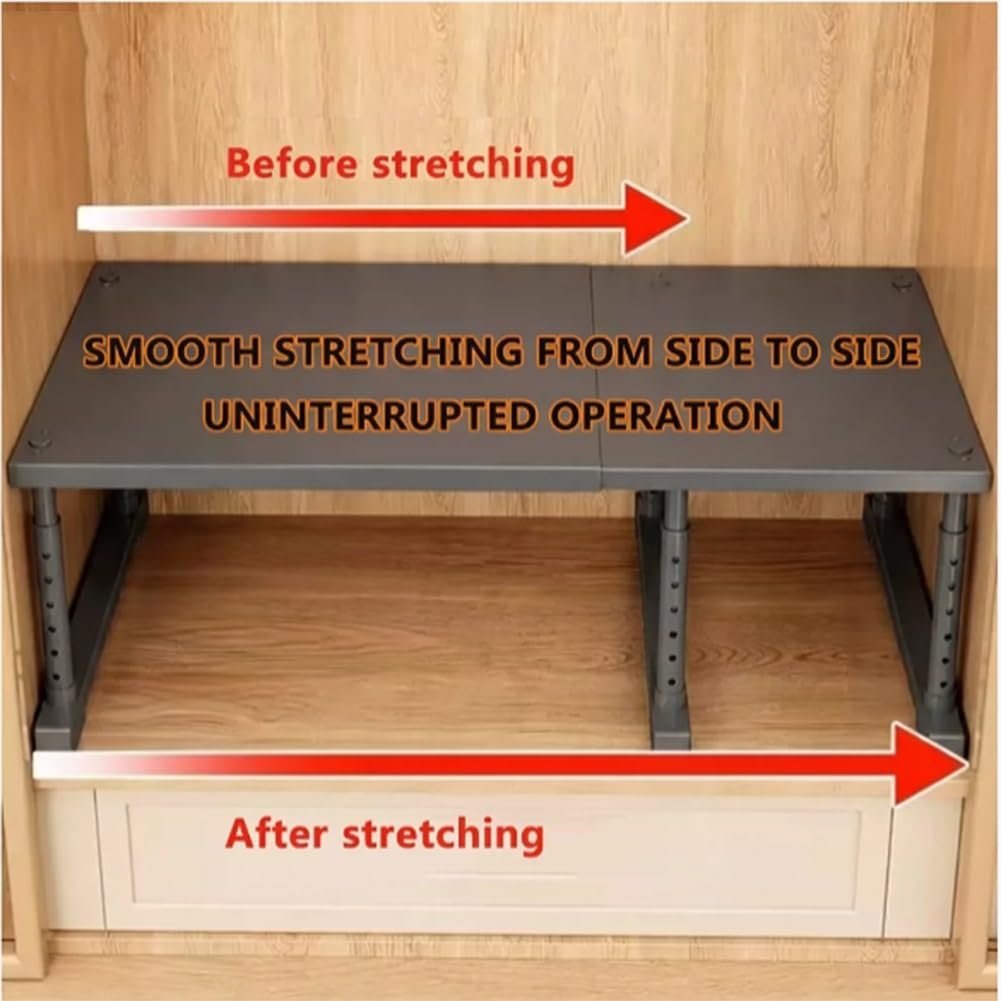 Extendable Closet Shelf Wardrobe Storage Organiser,Stackable Kitchen Storage Shelves,Counter Shelves(Black,50-85 * 42 * 35-50cm)